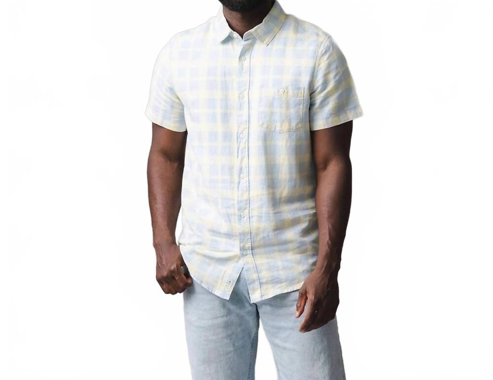 NEW HOPE & HENRY linen short sleeve button down shirt in blue